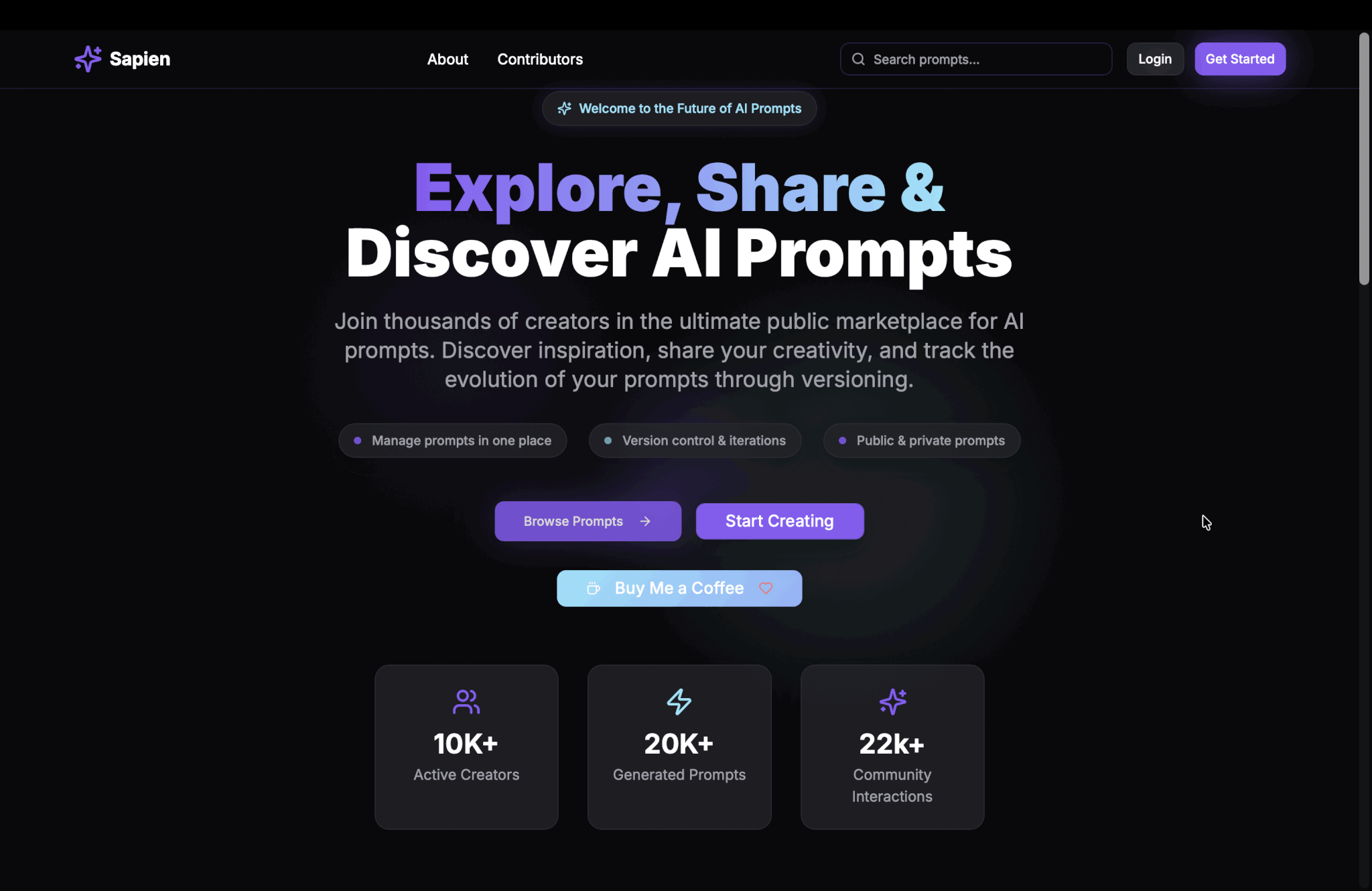 A screenshot of the homepage of Sapien